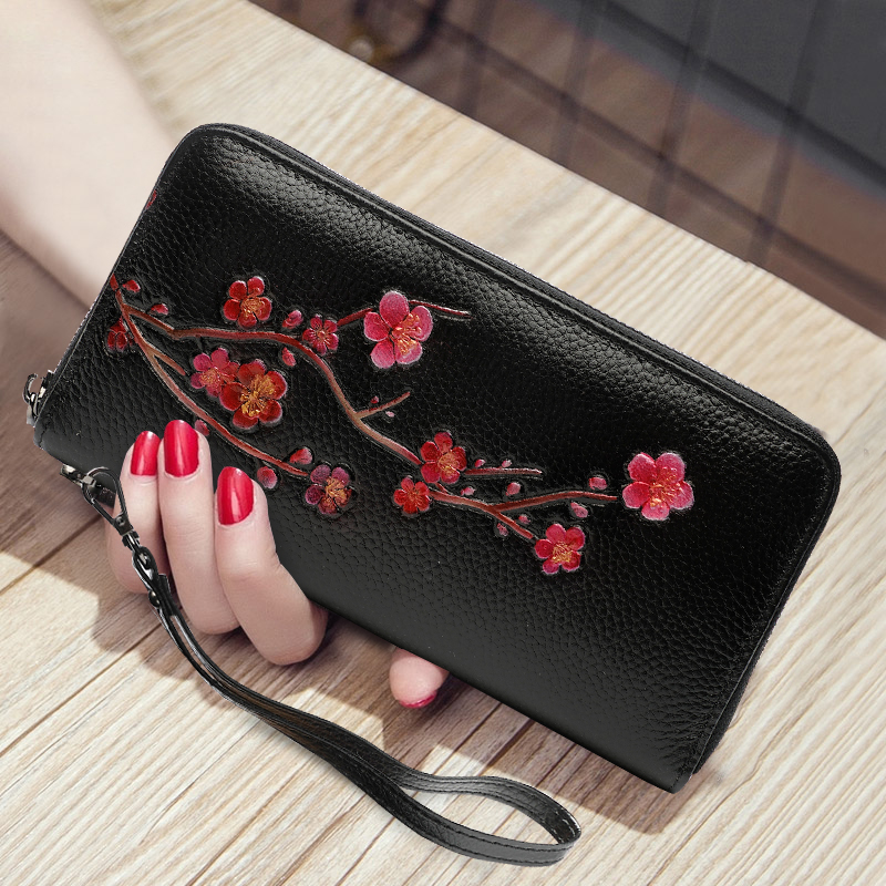 長財布レディース 桜花刺繍本革ラウンドファスナー長財布