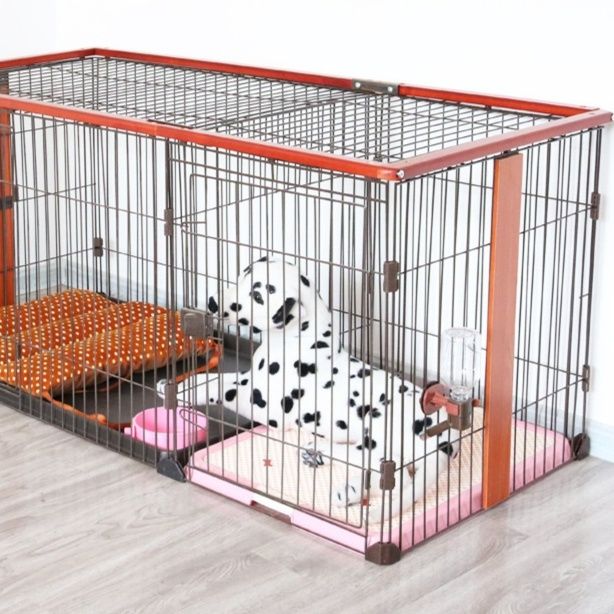 天然木枠と金属メッシュの広々トイレ付き犬ケージ