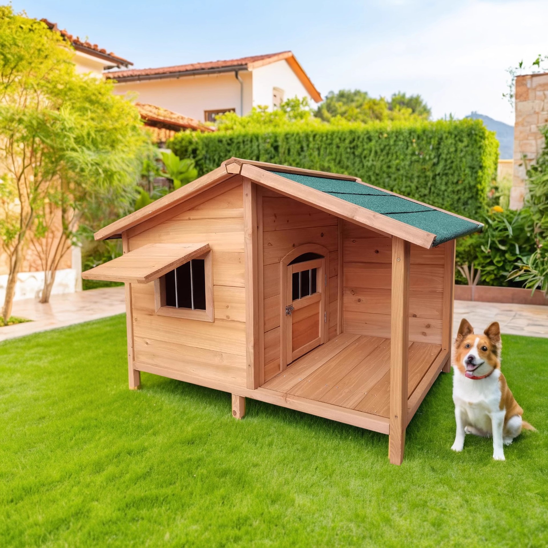 犬ケージ 木製テラス付き屋根つき犬小屋ハウス