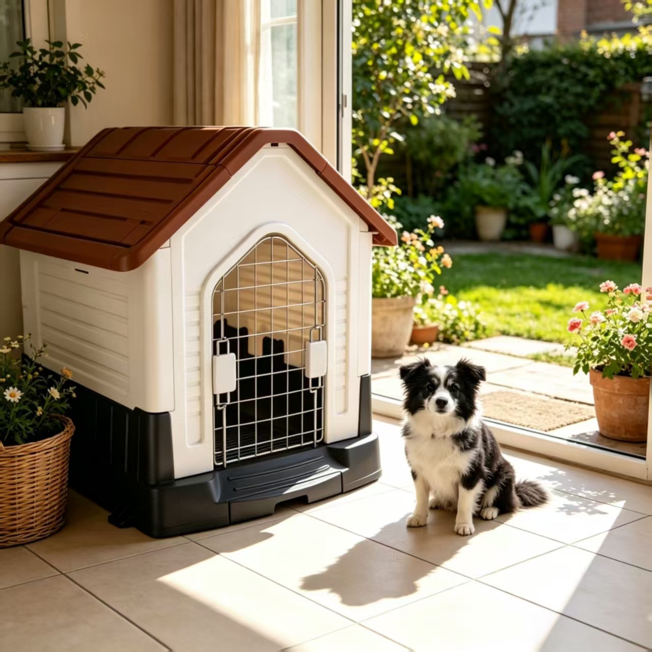 犬ケージ 屋外対応 扉付きプラスチック製犬小屋ハウス