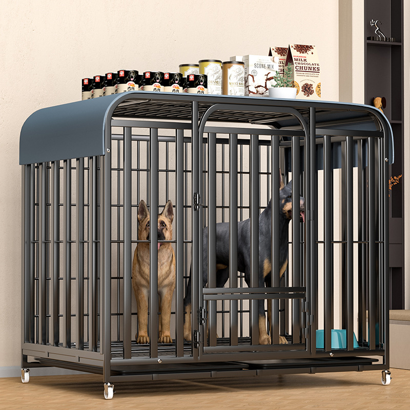 犬ケージ 大型犬向け屋根付き頑丈金属製二部屋犬ケージ
