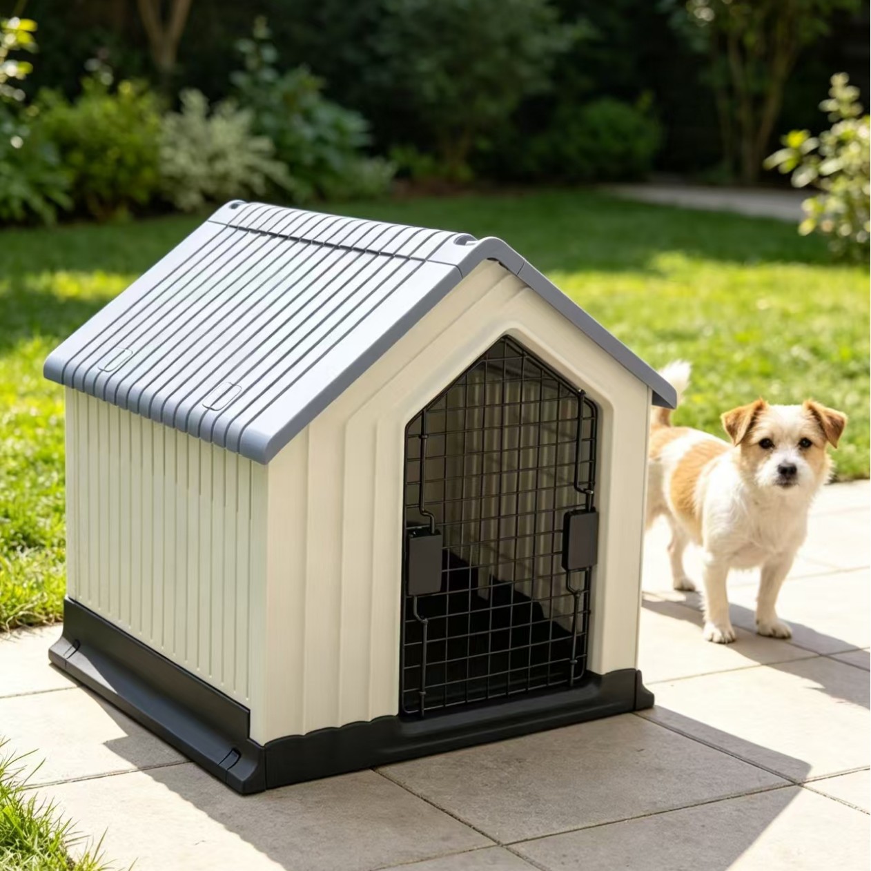 犬ケージ 屋外用プラスチック製犬小屋型ケージ 格子扉付き