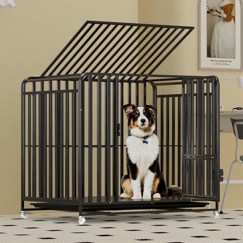 犬ケージ 屋根付き頑丈スチール犬ケージ キャスター付き大型