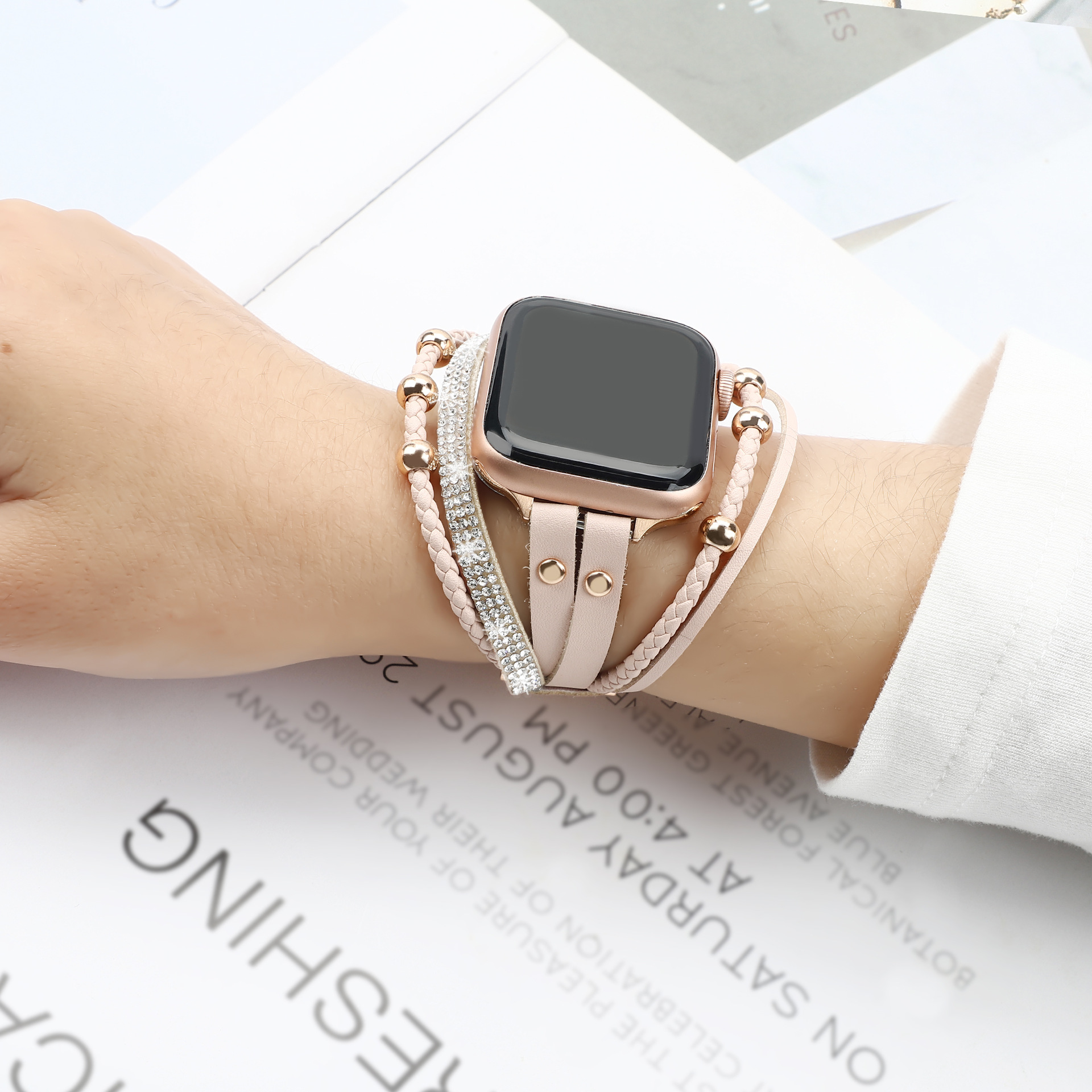 腕時計ベルト 煌めき編み込みレザーブレスレット