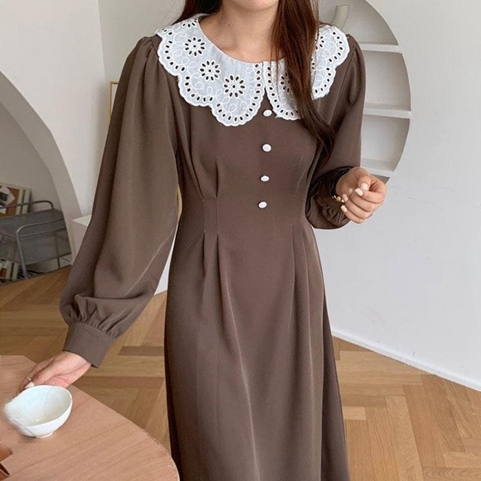 骨格ウェーブ服レースネックウエストタックワンピース
