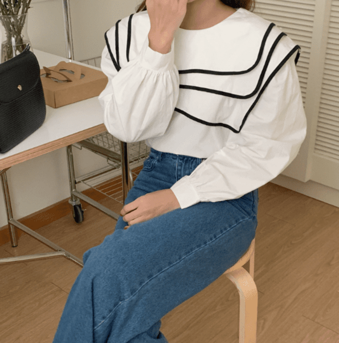 骨格ウェーブ服バイカラーネックライントップス