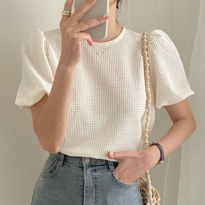骨格ウェーブ服パフスリーブTシャツトップス