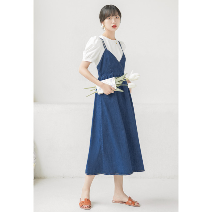 骨格ウェーブ服ウエスト切り替えデニムキャミワンピース