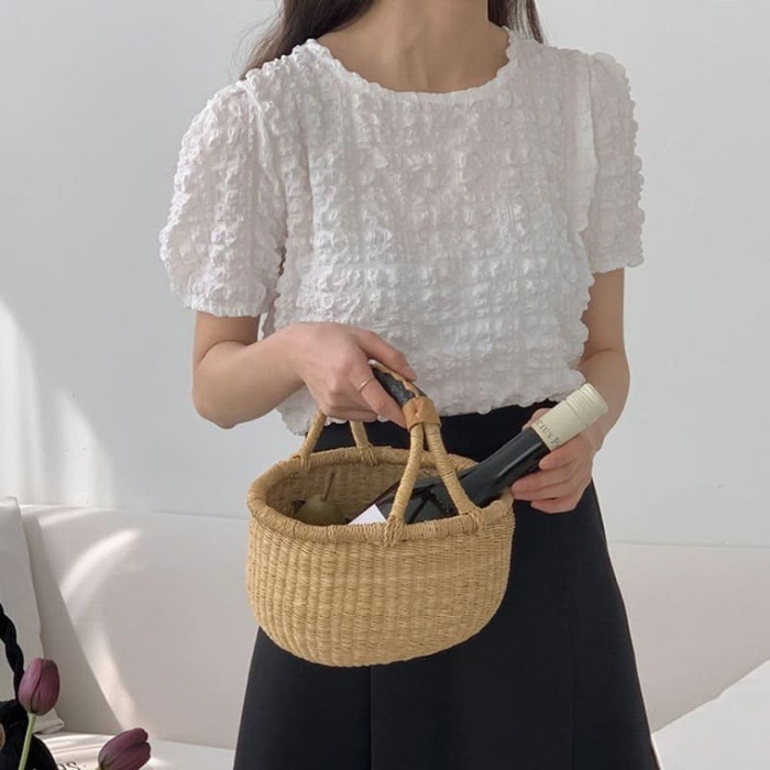 骨格ウェーブ服パフスリーブ半袖ブラウストップス