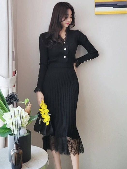 骨格ウェーブ服レースニットセットアップ