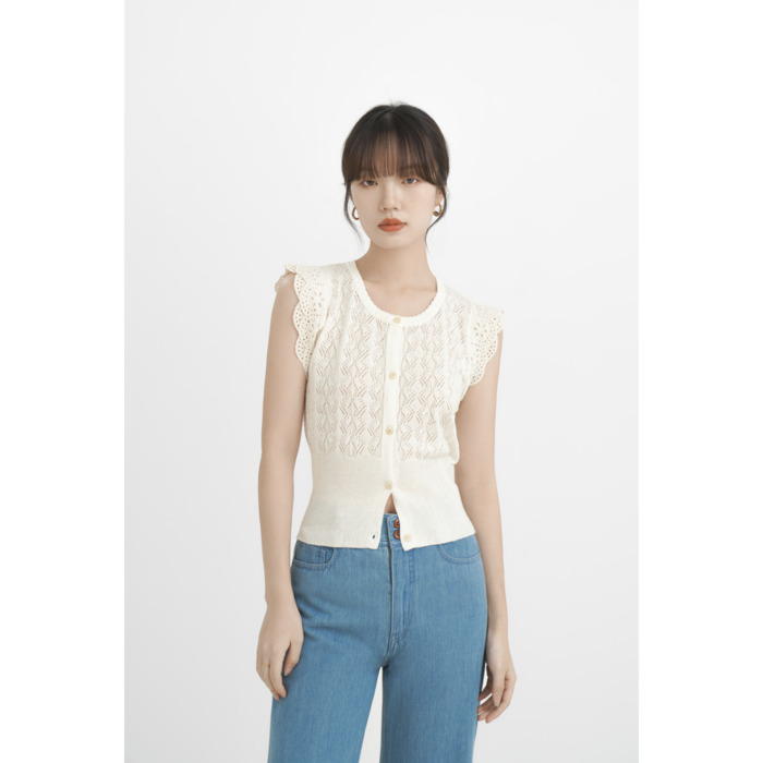 骨格ウェーブ服ノースリーブ切り替えニットトップス