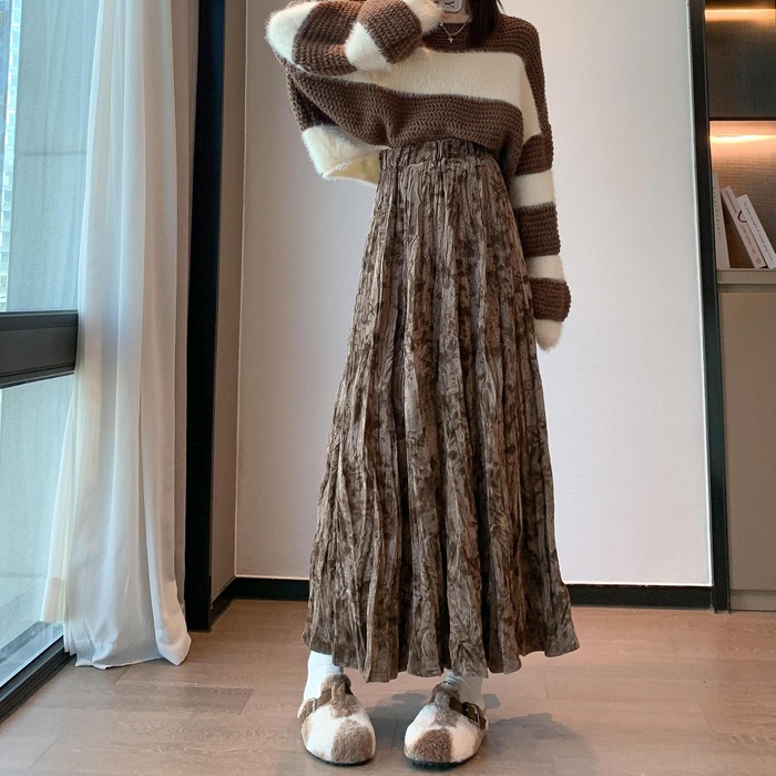 骨格ウェーブプリントプリーツロングスカート