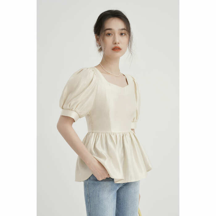 骨格ウェーブ服パフスリーブ切り替えブラウストップス