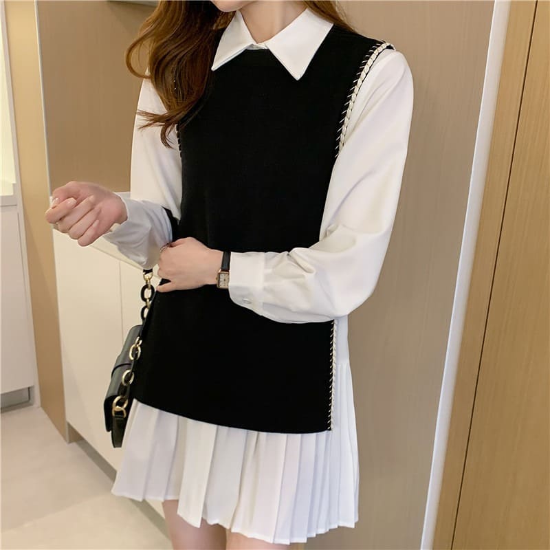 骨格ウェーブ服レイヤードプリーツワンピース