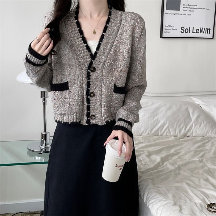 骨格ウェーブ服配色ニットカーディガンアウター