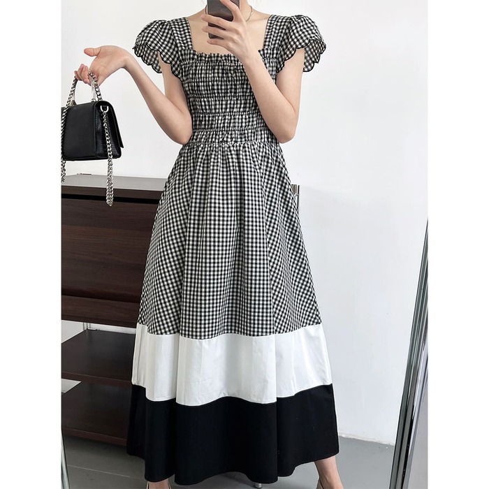 骨格ウェーブ服バイカラーチェックワンピース