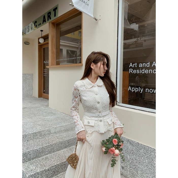 骨格ウェーブ服ベルト付きレースドレス