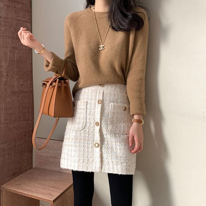 骨格ウェーブ服ハイウエストツイード風ミニスカート