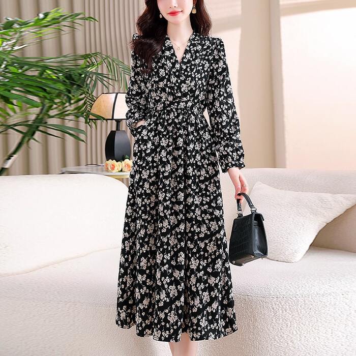 骨格ウェーブ花柄シフォンVラインネック長袖パフスリーブロングワンピース