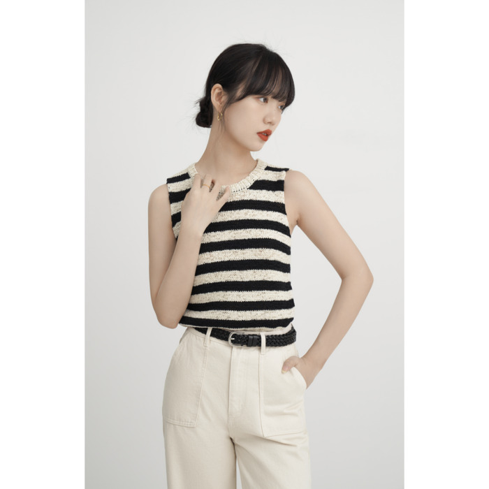 骨格ウェーブ服ノースリーブボーダートップス
