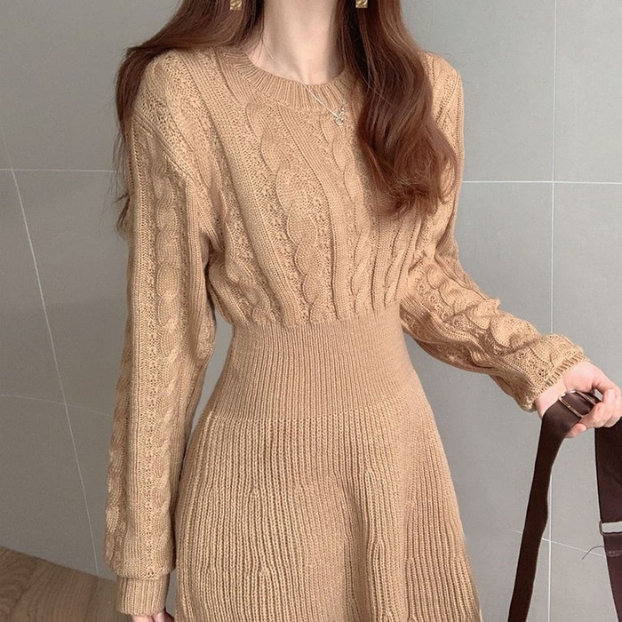 骨格ウェーブ服ウエストマークニットワンピース