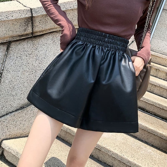 骨格ウェーブ服ハイウエストフェイクレザーパンツ