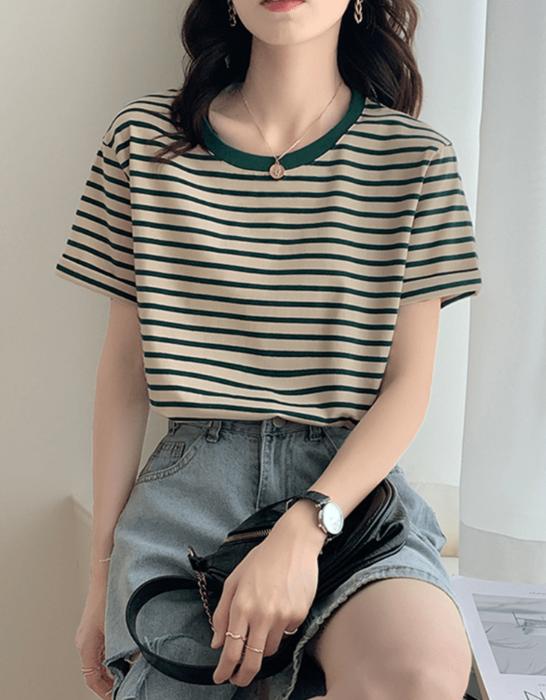 骨格ウェーブラウンドネックボーダーTシャツ