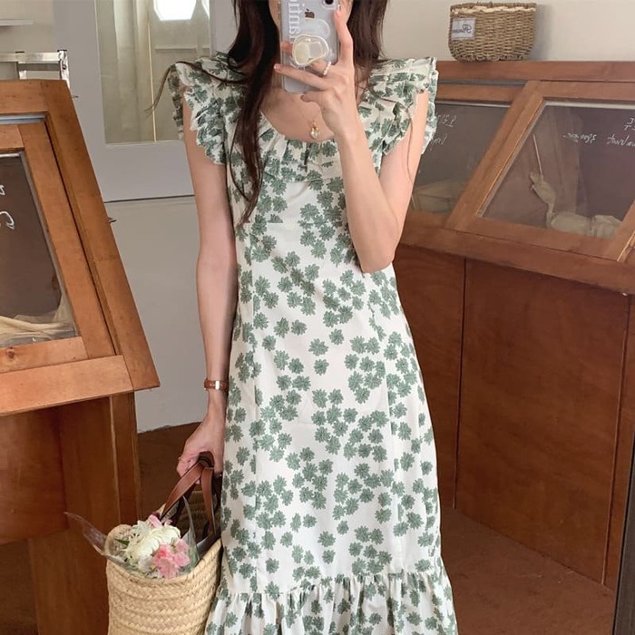 骨格ウェーブ服花柄フリルネックワンピース
