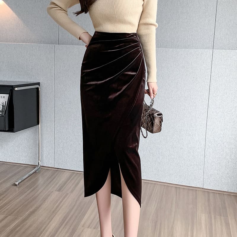 骨格ウェーブ服サイド絞りハイウエストスカート