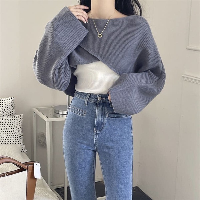 骨格ウェーブ服クロップド丈レイヤードトップス