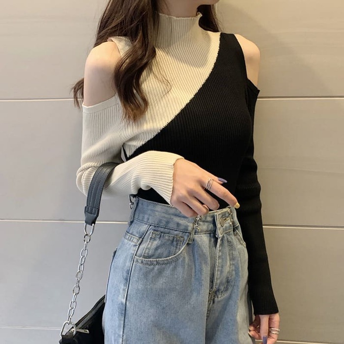 骨格ウェーブ服カットアウトニットトップス