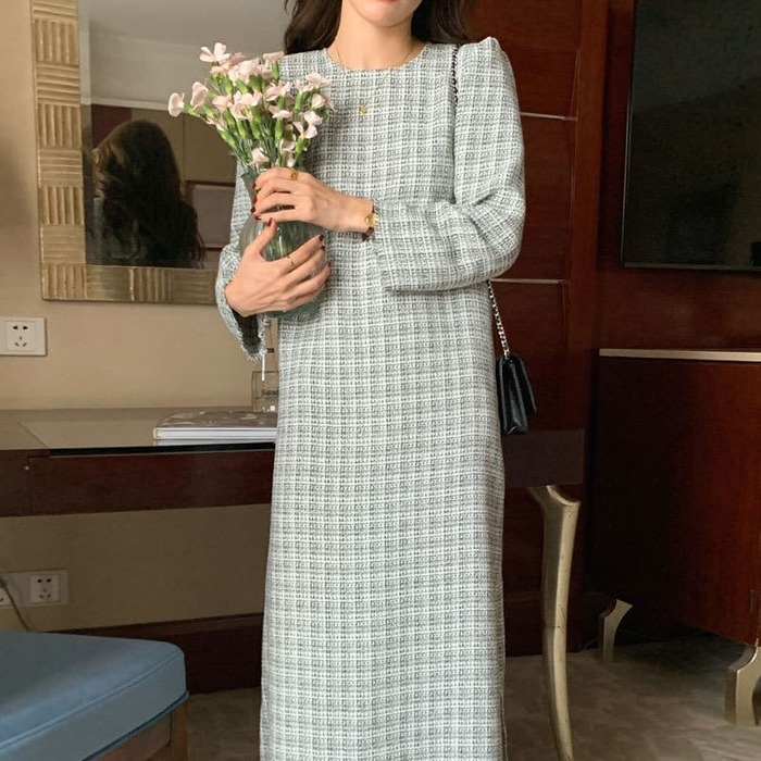 骨格ウェーブ服チェックロングワンピース