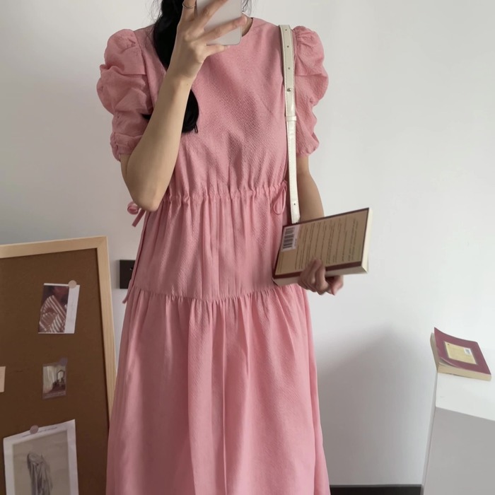 骨格ウェーブ服シャーリングロングワンピース