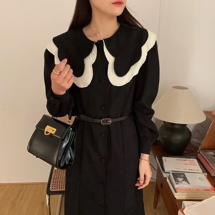 骨格ウェーブ服バイカラーネックロングワンピース