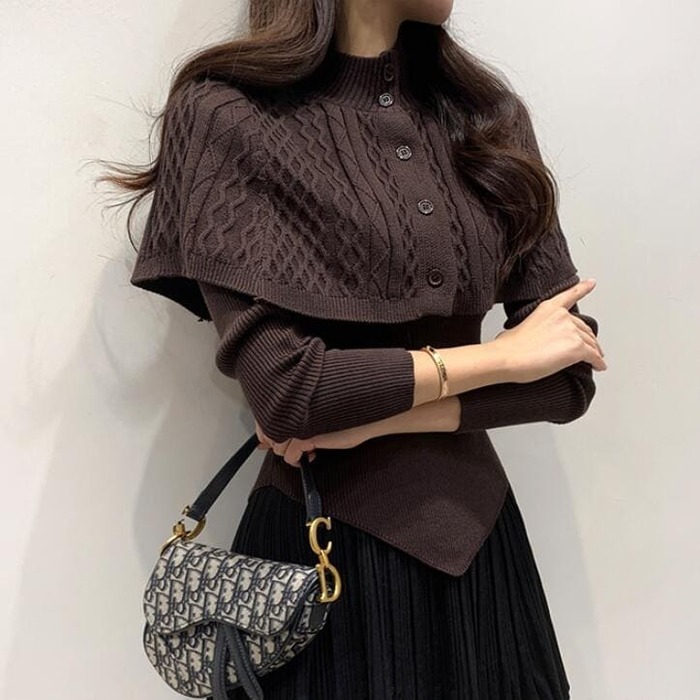 骨格ウェーブ服ケープカラー付きニットトップス