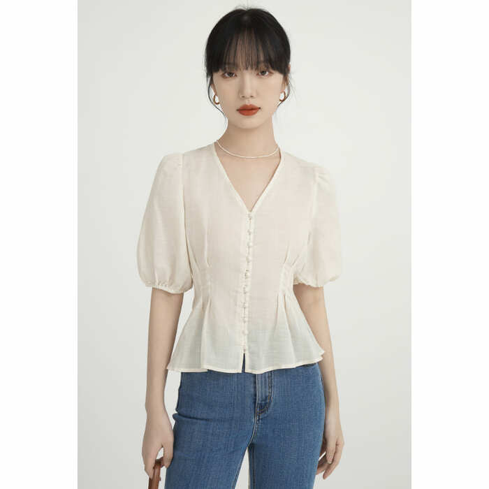 骨格ウェーブ服パフスリーブVネックブラウストップス