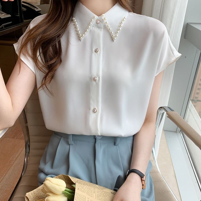 骨格ウェーブ服パールカラーブラウストップス