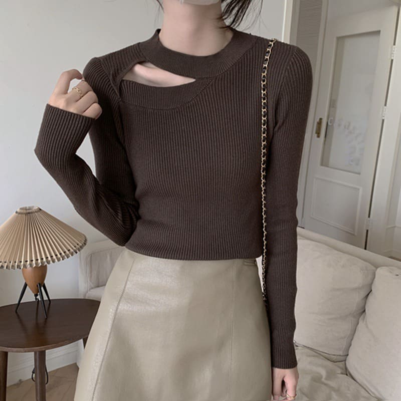 骨格ウェーブ服カッティングニットトップス