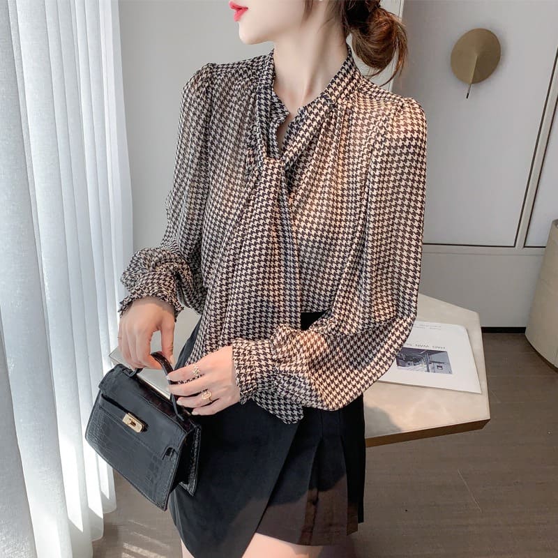 骨格ウェーブ服 千鳥柄ボウタイトップス