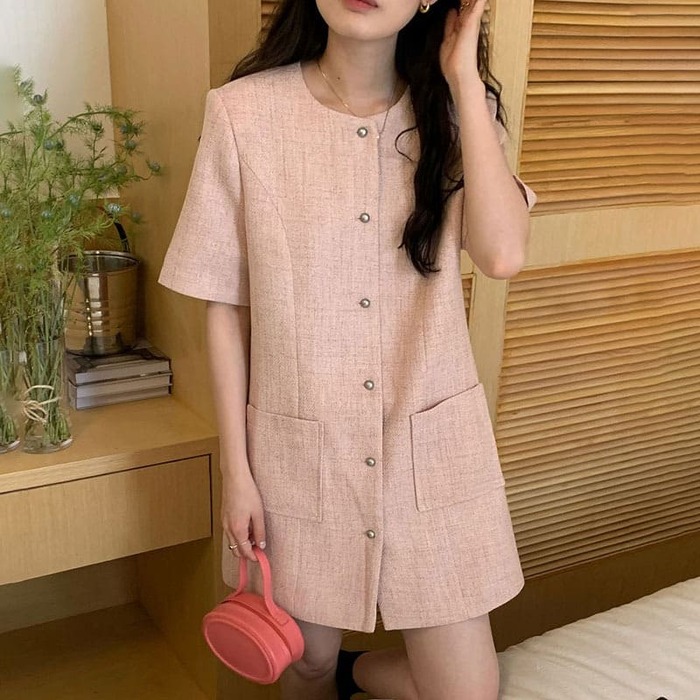 骨格ウェーブ服フロントボタンミニ丈ワンピース