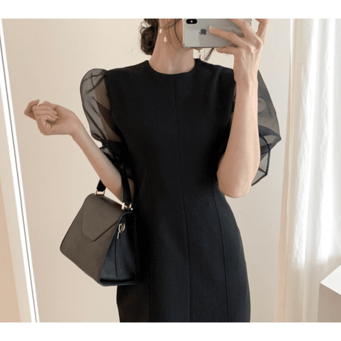 骨格ウェーブ服パフスリーブミニドレスワンピース