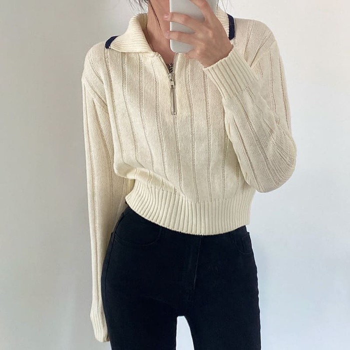 骨格ウェーブ服フロントジップニットトップス