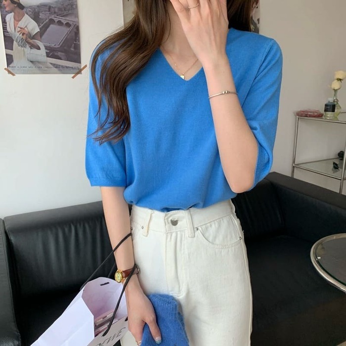 骨格ウェーブ服カラーVネックニットトップス