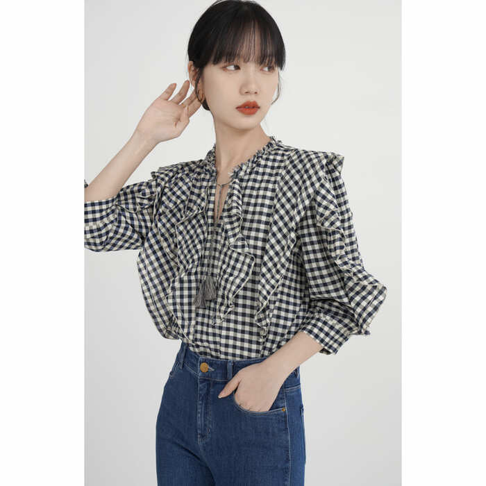 骨格ウェーブ服ギンガムチェックブラウストップス