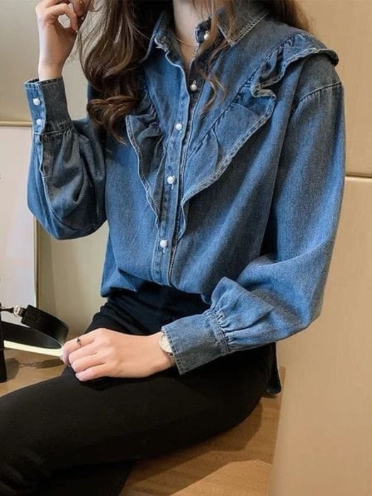 骨格ウェーブ服フロントフリルデニムトップス