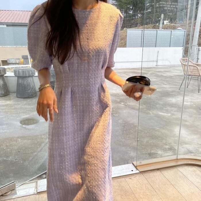 骨格ウェーブ服ツイードウエストマークロングワンピース