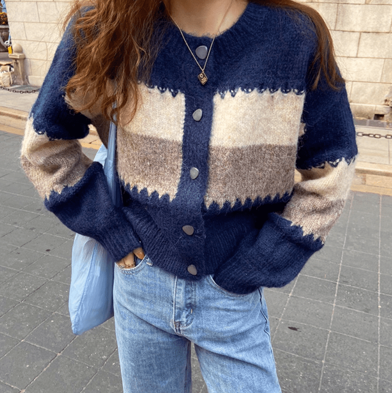 骨格ウェーブ服 ランダムカラーニットアウターカーディガン
