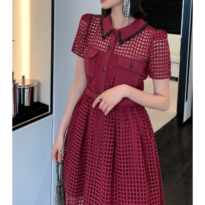 骨格ウェーブ服フレアレッドドレス