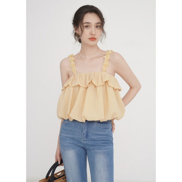 骨格ウェーブ服ノースリーブフリルトップス