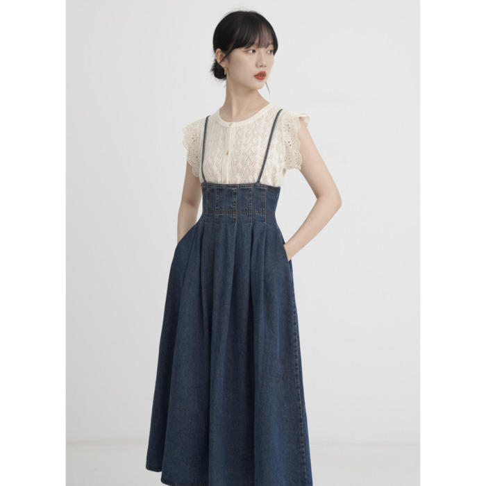 骨格ウェーブ服ハイウエストデニムキャミワンピース